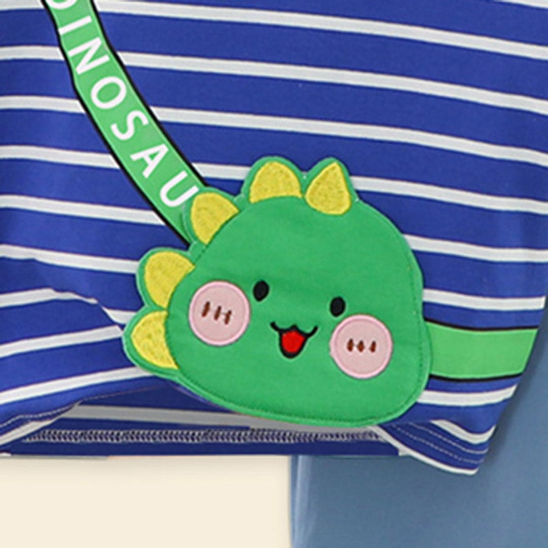 Boys Blue Striped Lion Applique T-Shirt With Denim Shorts Sets   