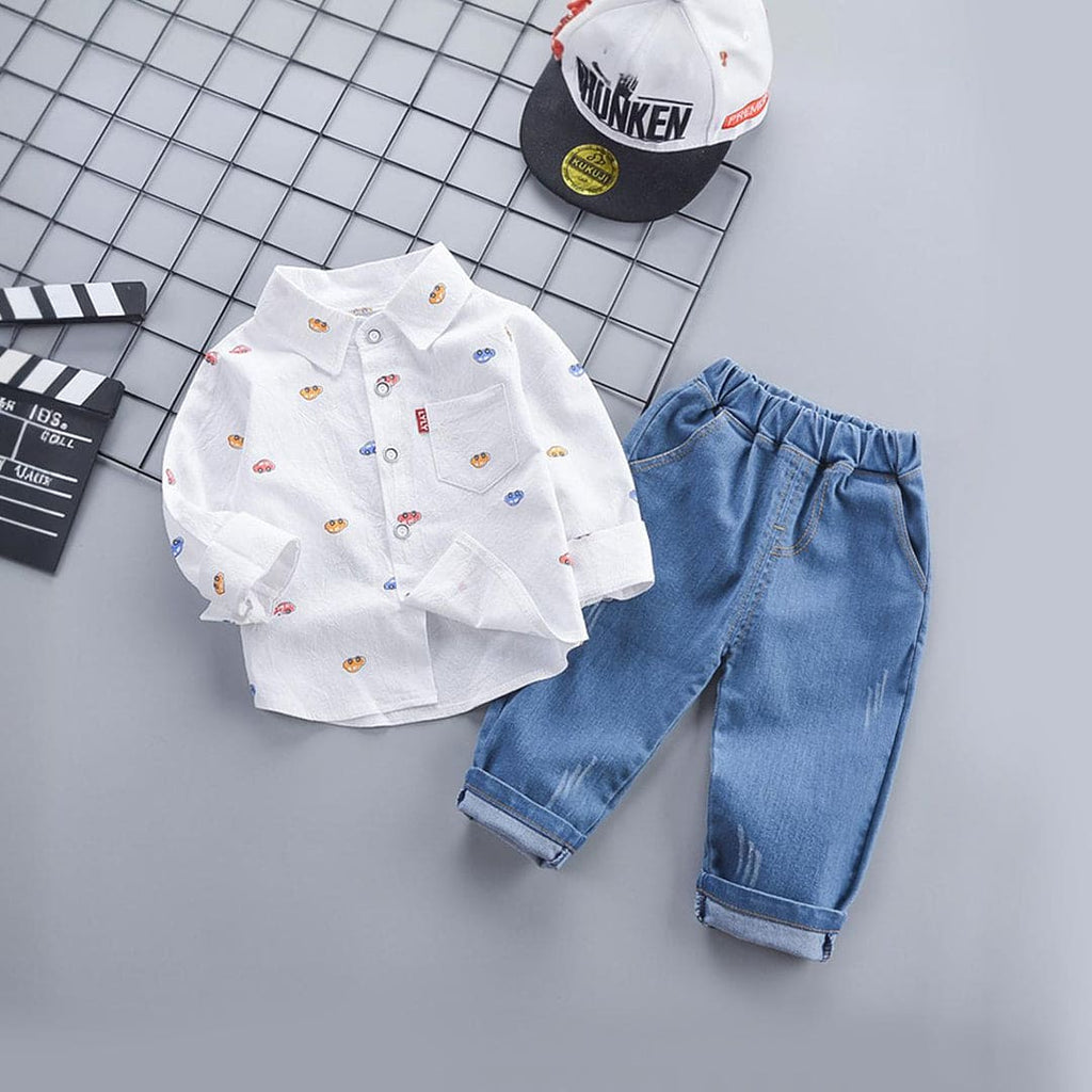Boys Car Printed Long Sleeve Shirt With Denim Pant Set Sets