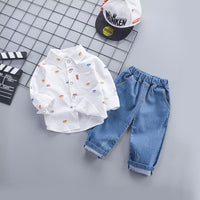 Boys Car Printed Long Sleeve Shirt With Denim Pant Set Sets