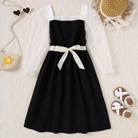 Girls Black Skater Dress with Sheer Sleeves & Sateen Belt Casual Dresses