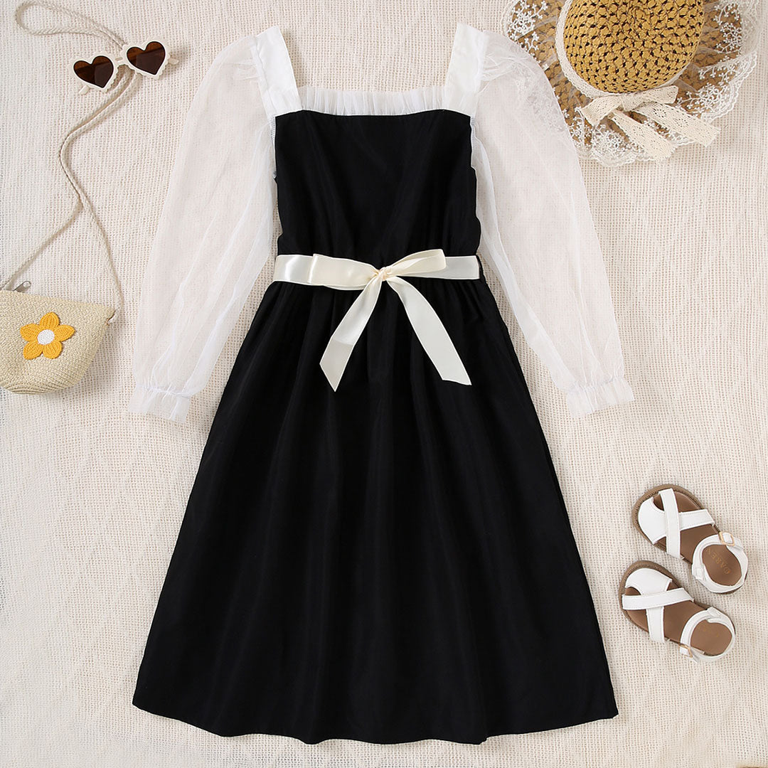 Girls Black Skater Dress with Sheer Sleeves & Sateen Belt Casual Dresses