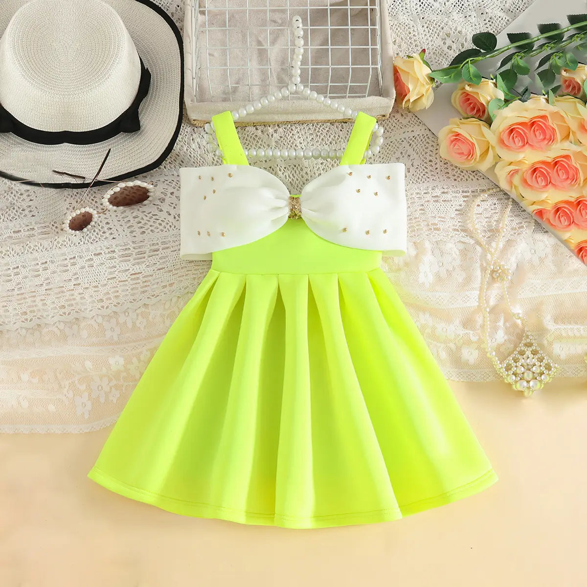 Girls Lime Yellow Sleeveless Fit & Flare Party Wear Dress With Elegant Bow Detail Party Dresses Lime Yellow 2-3 Y