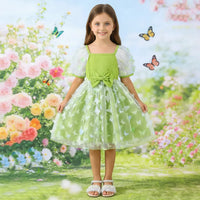 Girls Light Green 3D Butterfly Applique Fit & Flare Dress With Puff Sleeves Casual Dresses