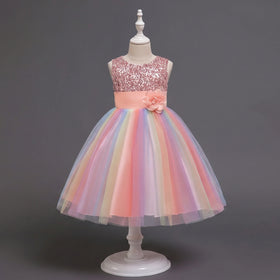 Girls Light Pink Sequin Embellished Fit & Flare Party Wear Dress With Flower Applique Party Dresses Light Pink 2-3 Y
