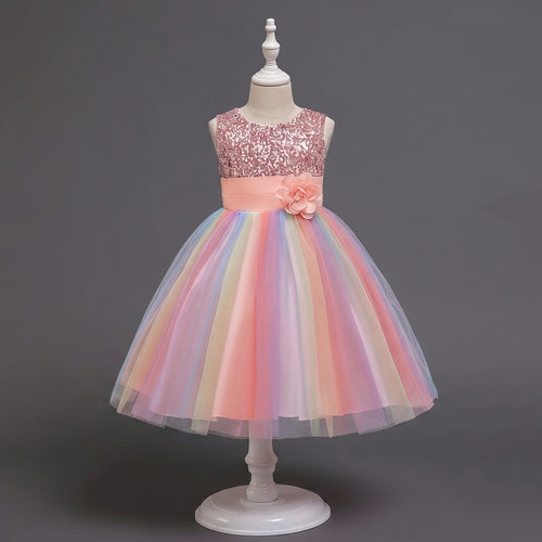 Girls Light Pink Sequin Embellished Fit & Flare Party Wear Dress With Flower Applique Party Dresses Light Pink 2-3 Y