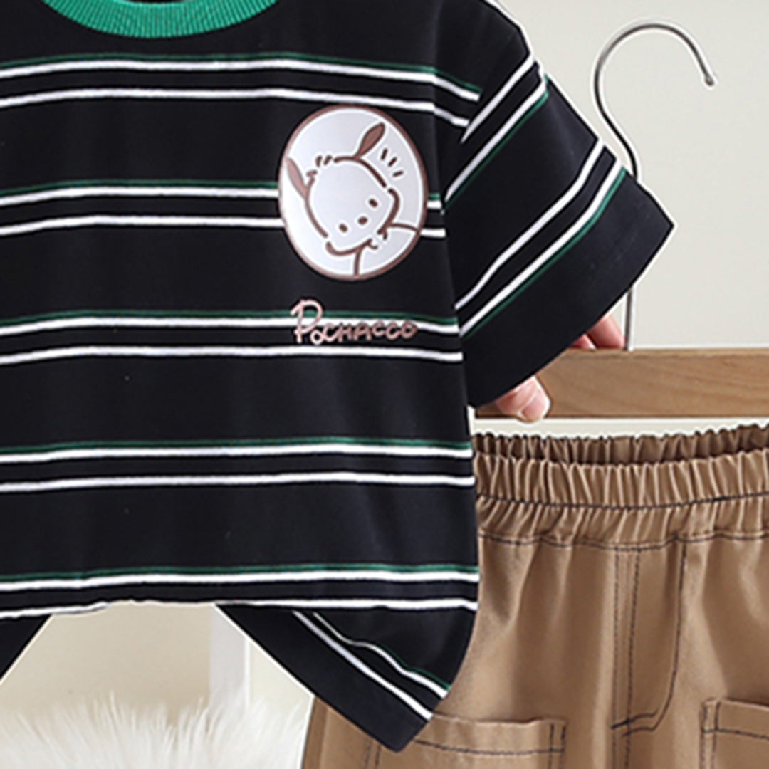Boys Black Striped Short Sleeves Round Neck T-Shirt With Shorts Set 2 pc. Sets