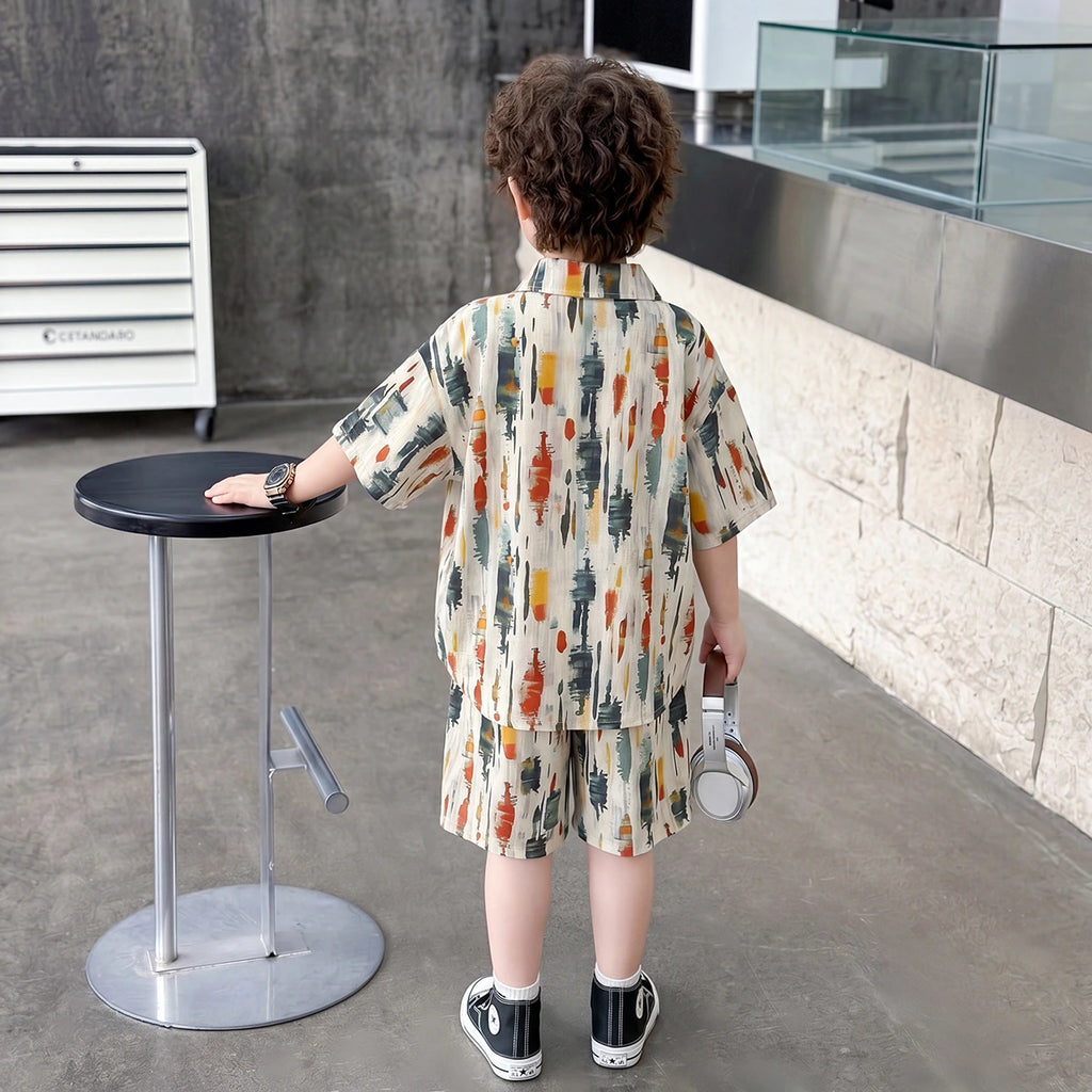 Boys Multicolour Abstract Print Shirt With Elasticated Shorts Sets 2 pc. Sets