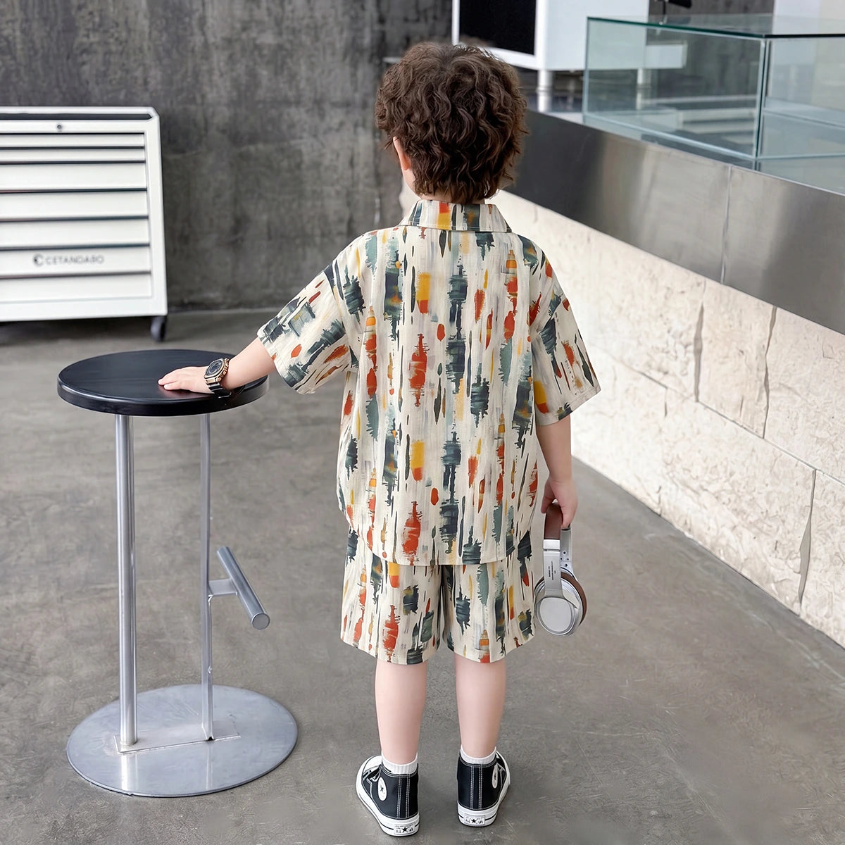Boys Multicolour Abstract Print Shirt With Elasticated Shorts Sets 2 pc. Sets