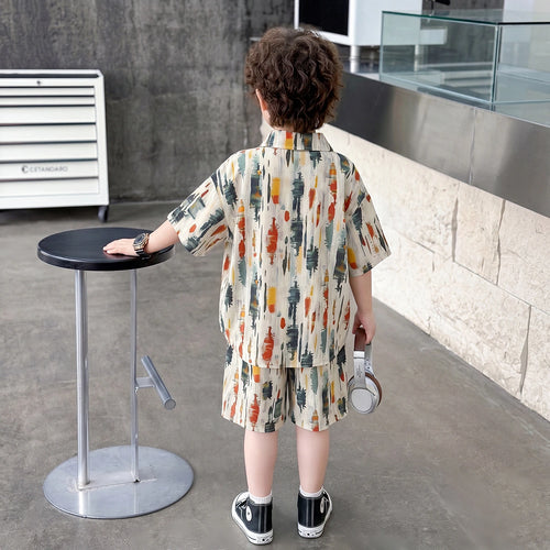 Boys Multicolour Abstract Print Shirt With Elasticated Shorts Sets 2 pc. Sets