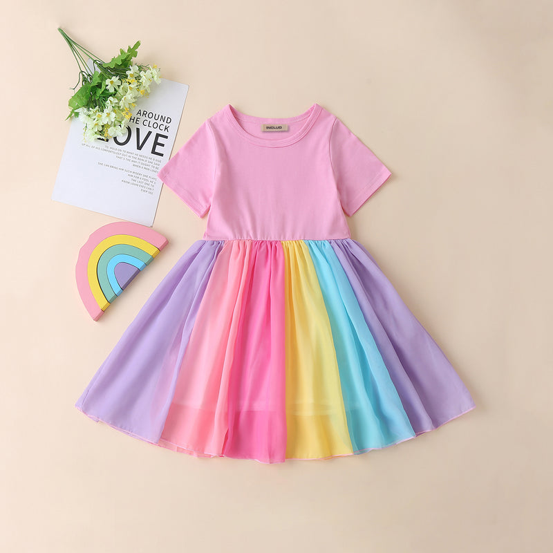 Girls Multicolor Short Sleeves Round Neck Fit And Flared Dress Casual Dresses Multicolor 1-2 Y