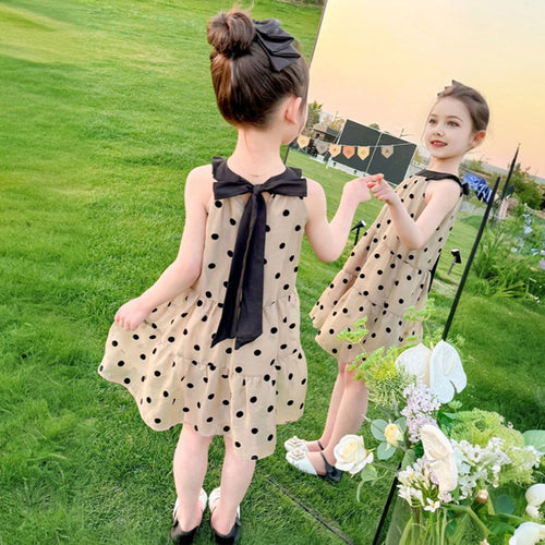 Girls Beige Polka Dot Printed Halter Neck Tiered Dress Casual Dresses