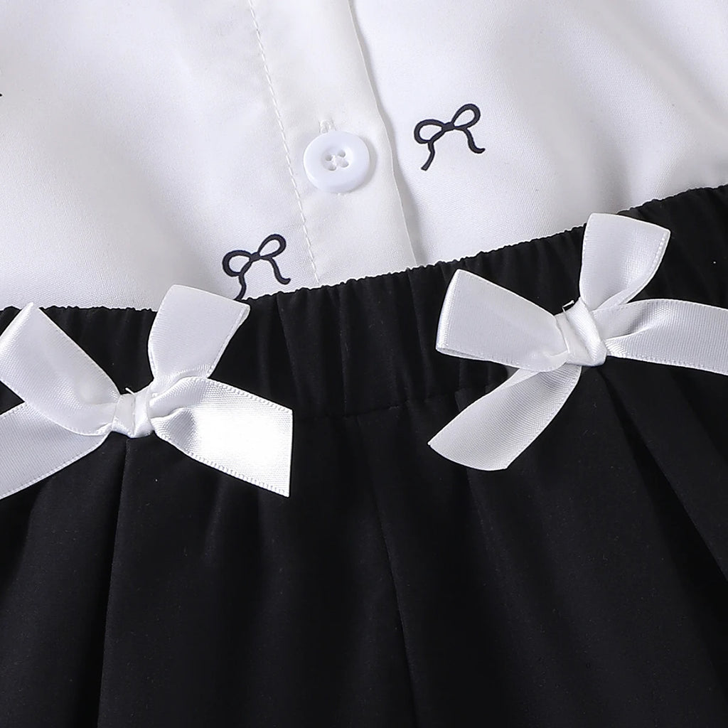 Girls White Bow Print Puff Sleeve Shirt With Elasticated Shorts Sets 2 pc. Sets