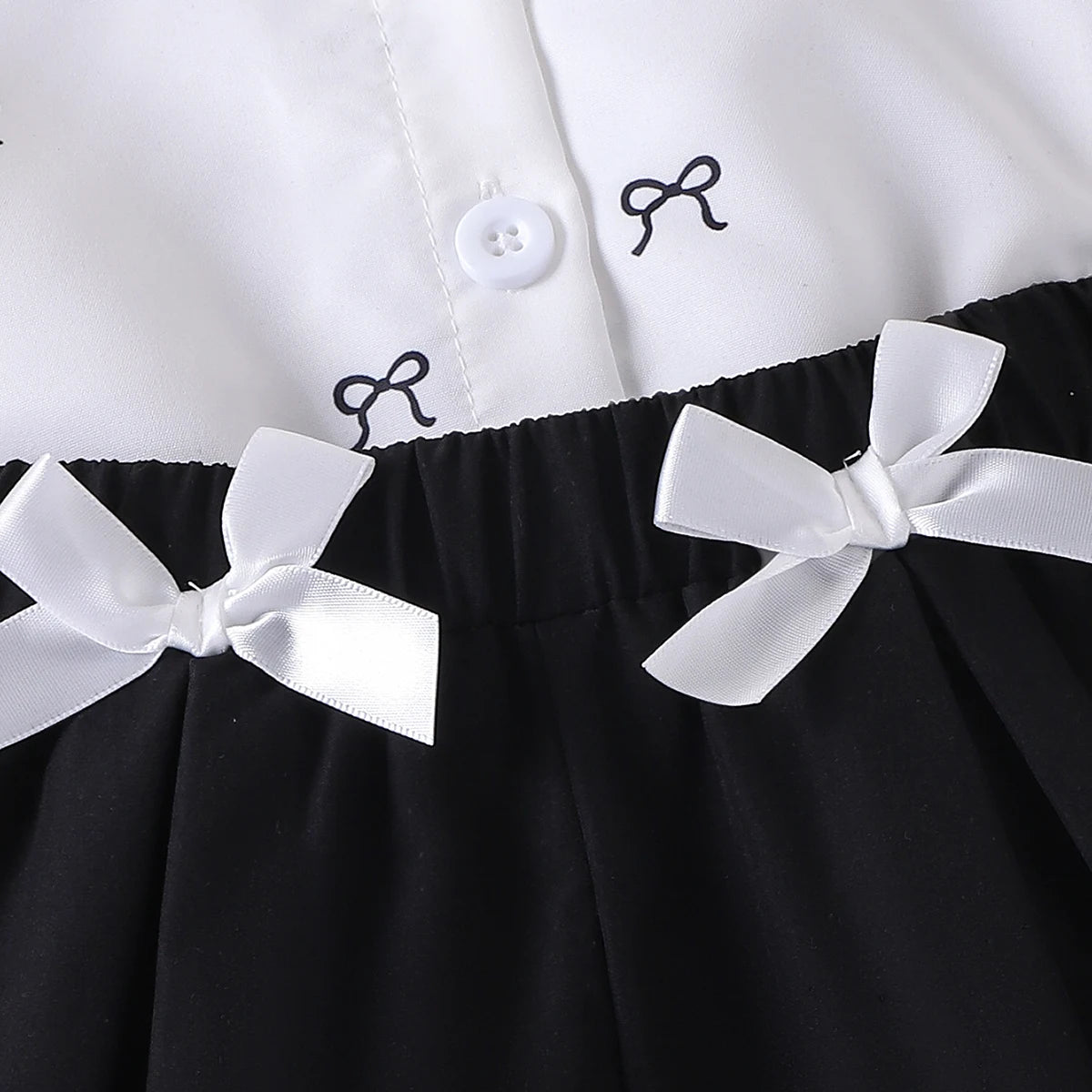 Girls White Bow Print Puff Sleeve Shirt With Elasticated Shorts Sets 2 pc. Sets