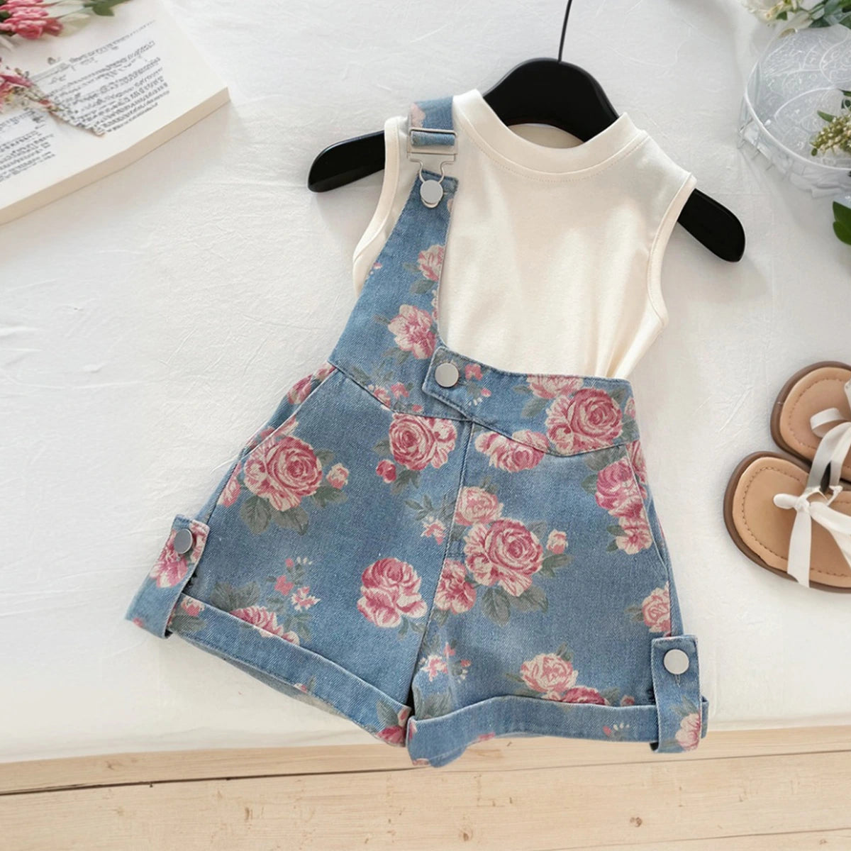 Girls Off White Sleeveless Top With Floral Print Dungaree Sets 2 pc. Sets Off White 2-3 Y