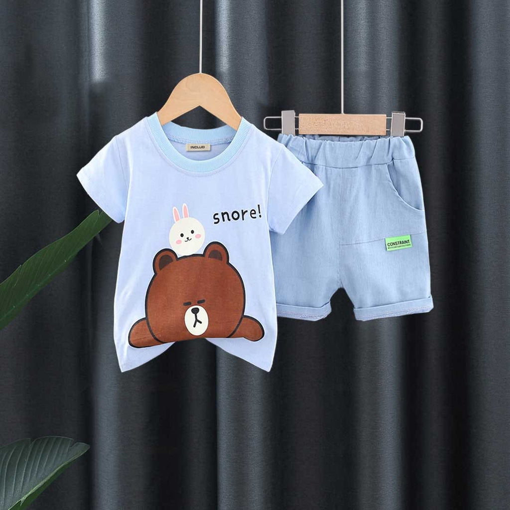 Boys Teddy Printed T-shirt with Denim Shorts Set