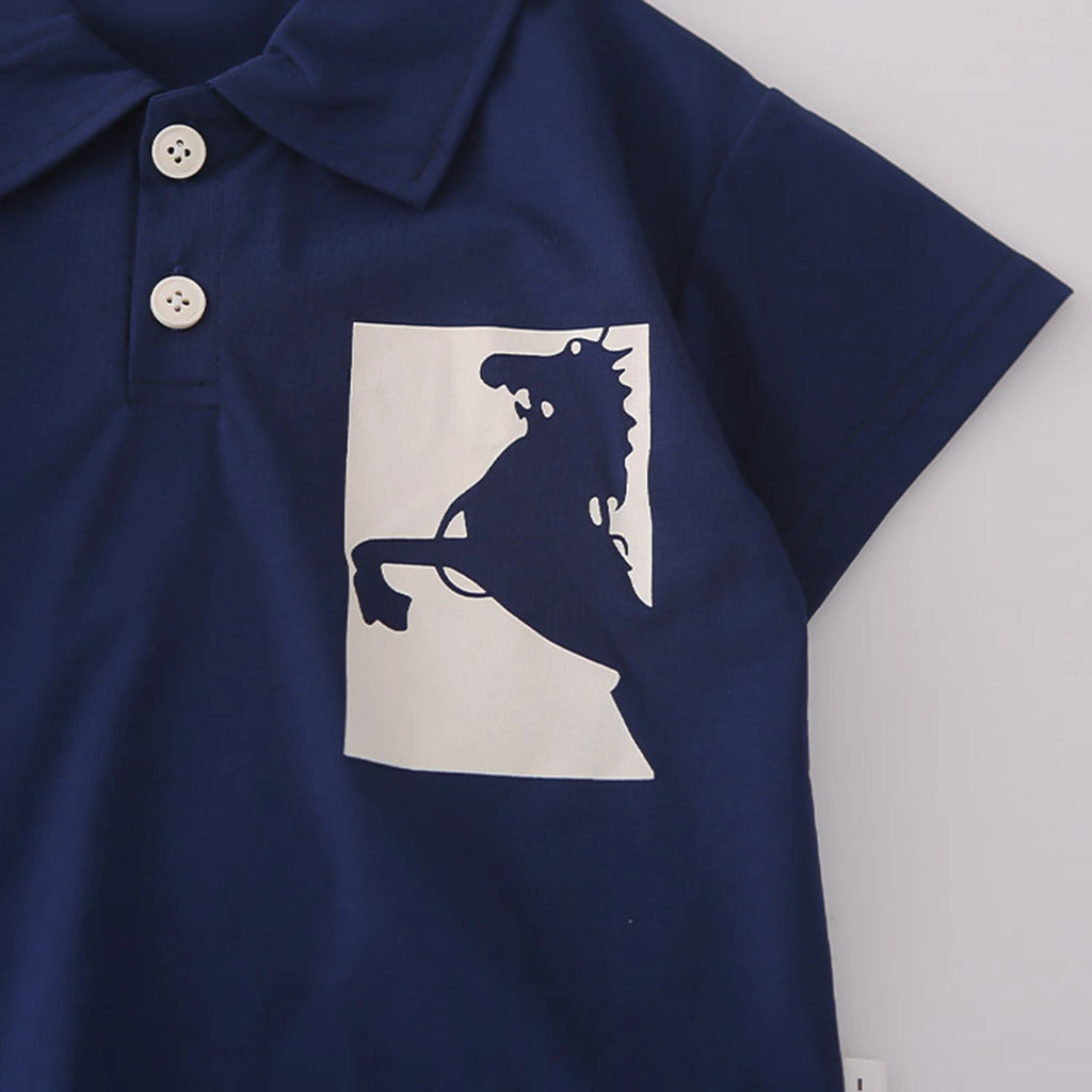 Boys Navy Blue Graphics Polo T-Shirt With Printed Denim Shorts Set Sets