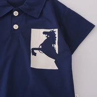 Boys Navy Blue Graphics Polo T-Shirt With Printed Denim Shorts Set Sets
