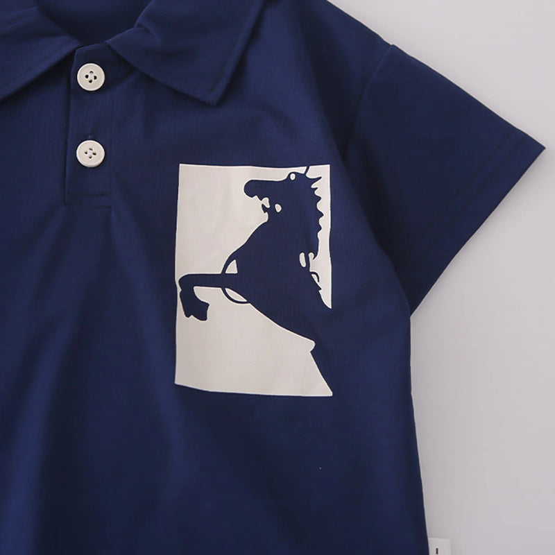 Boys Navy Blue Graphics Polo T-Shirt With Printed Denim Shorts Set Sets