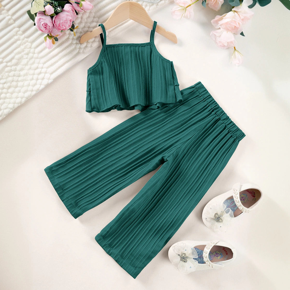 Girls Green Self Stripes Sleeveless Tiered Top With Pants Co-ord Sets Sets