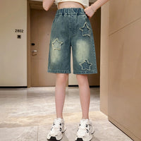 Girls Blue Star Distressed Baggy Fit Denim Shorts Shorts