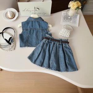Girls Blue Puff Sleeve Top With Denim Skirt Sets 2 pc. Sets