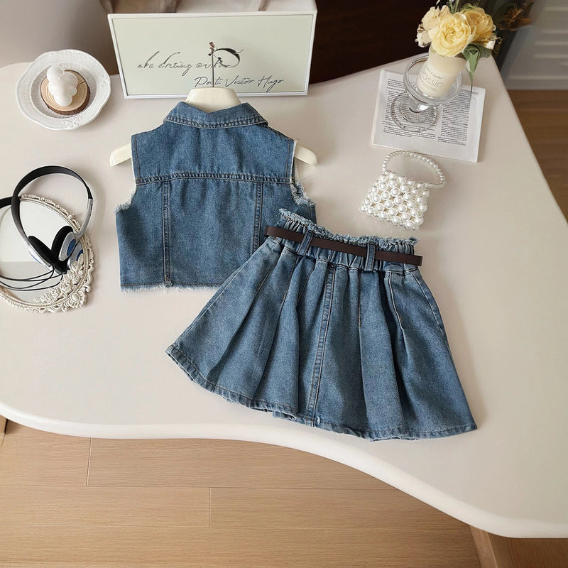 Girls Blue Puff Sleeve Top With Denim Skirt Sets 2 pc. Sets