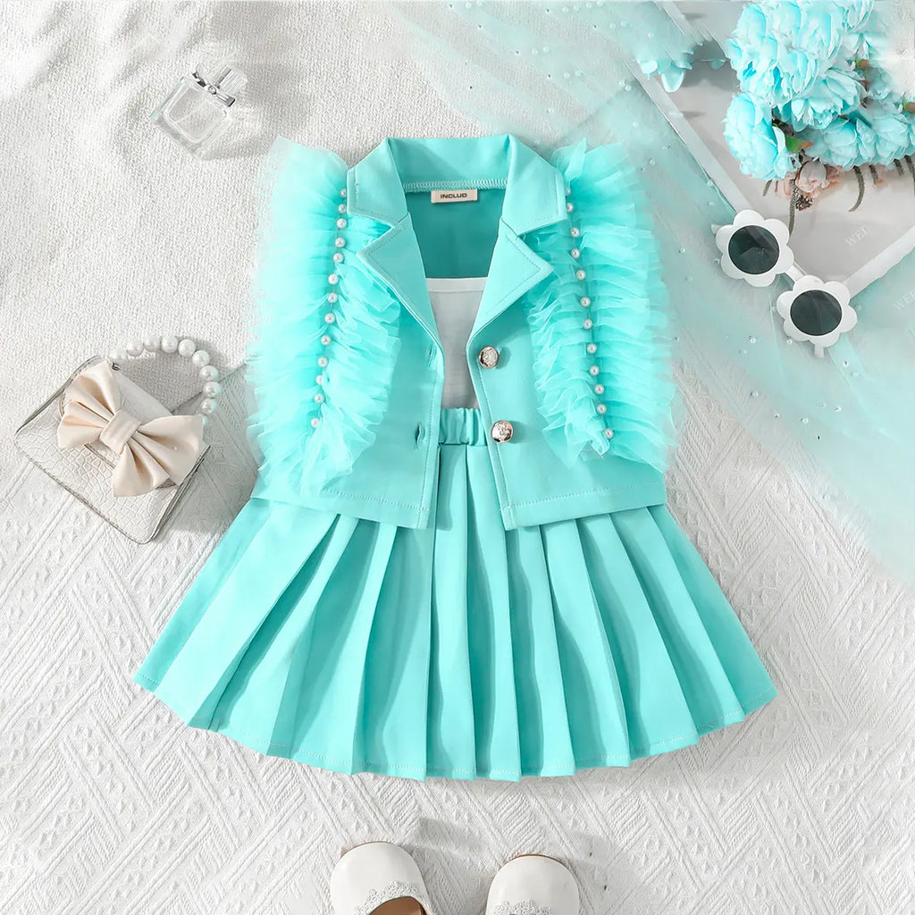 Girls Turquoise Blue Embellished Ruffled Blazer Vest With Pleated Skirt & Camisole Top Sets Sets