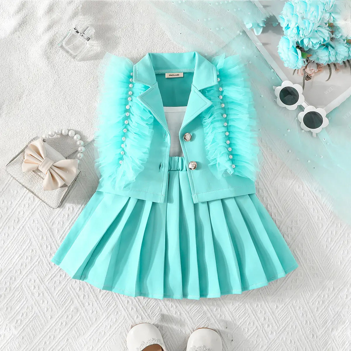 Girls Turquoise Blue Embellished Ruffled Blazer Vest With Pleated Skirt & Camisole Top Sets Sets
