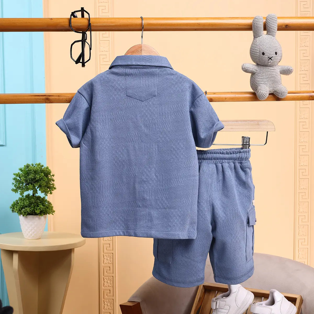 Boys Blue Self Design Shirt With Cargo Shorts Sets 2 pc. Sets