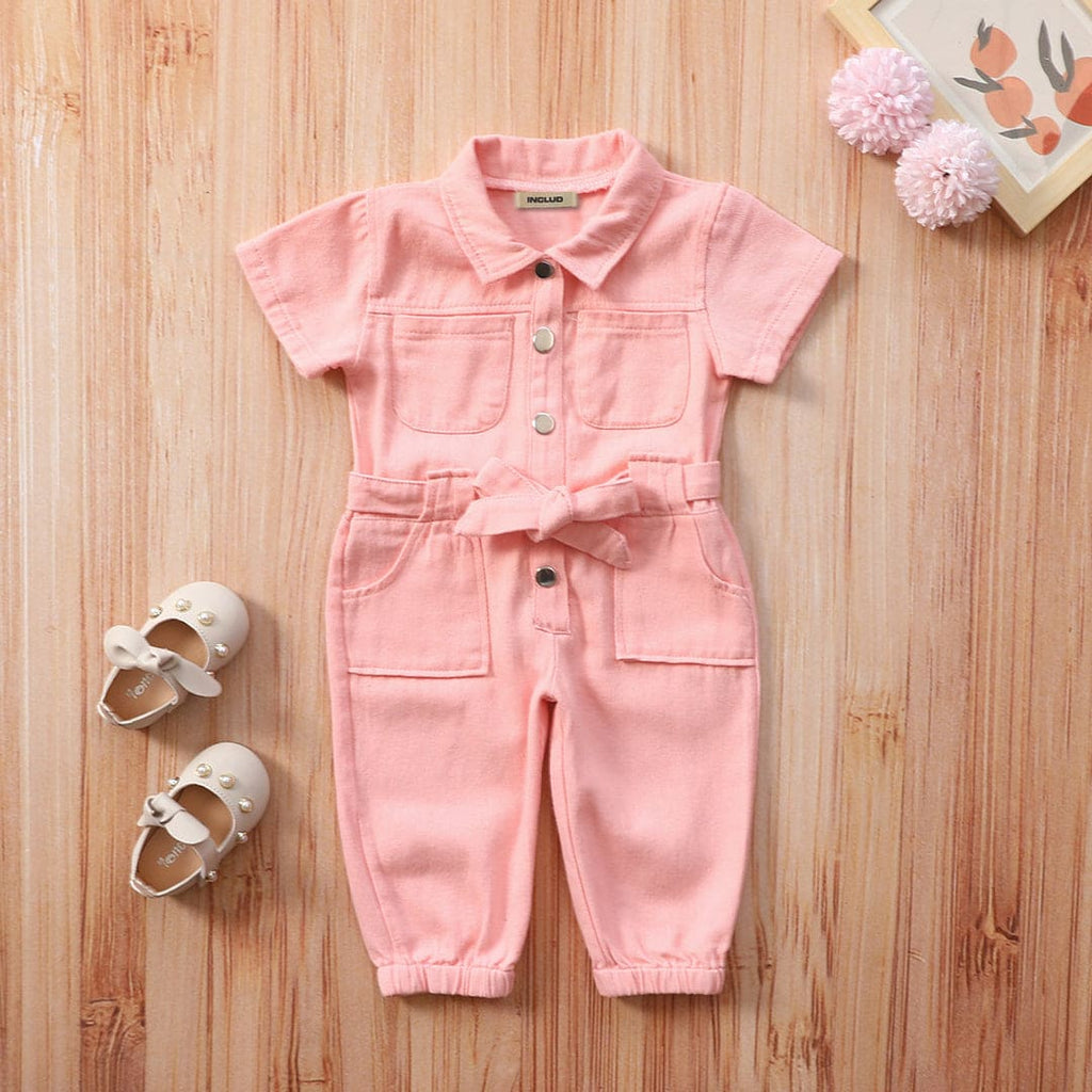 Girls Pink Solid Twill Jumpsuit Jumpsuits Pink 1-2 Y 