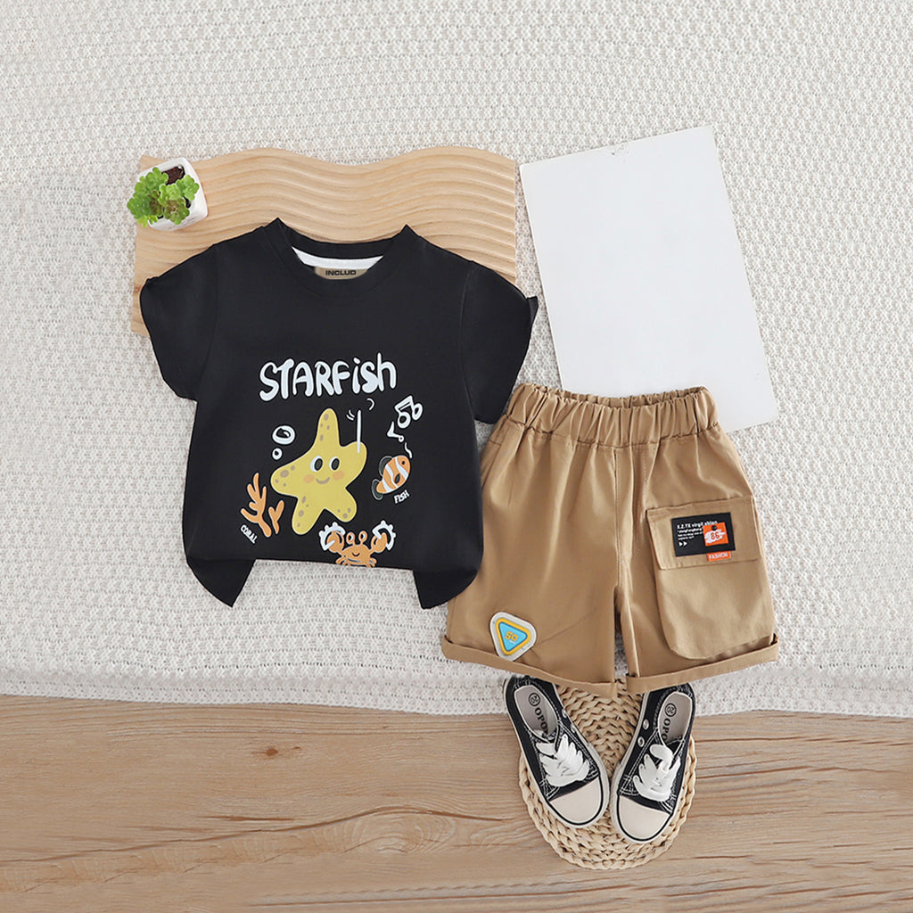 Boys Black Star Fish Graphic Short Sleeves T- Shirt With Shorts Set 2 pc. Sets