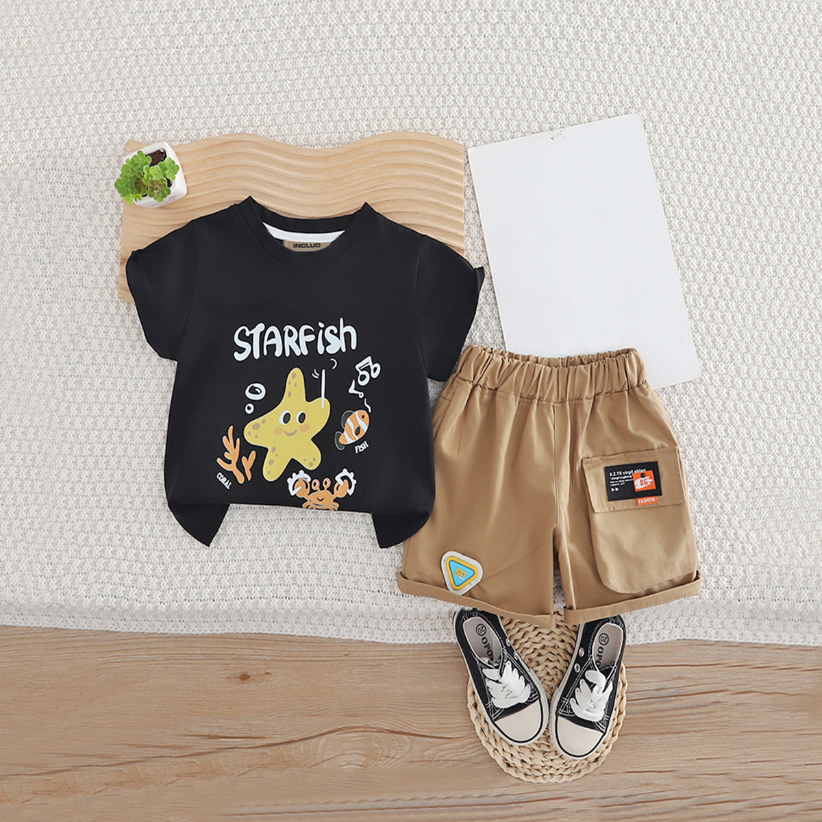 Boys Black Star Fish Graphic Short Sleeves T- Shirt With Shorts Set 2 pc. Sets