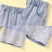 Girls Light Blue Floral Lace Hem Wide-Leg Denim Jeans Pants