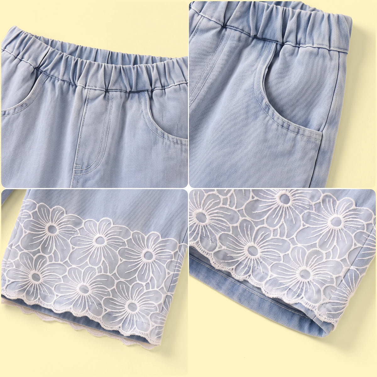 Girls Light Blue Floral Lace Hem Wide-Leg Denim Jeans Pants