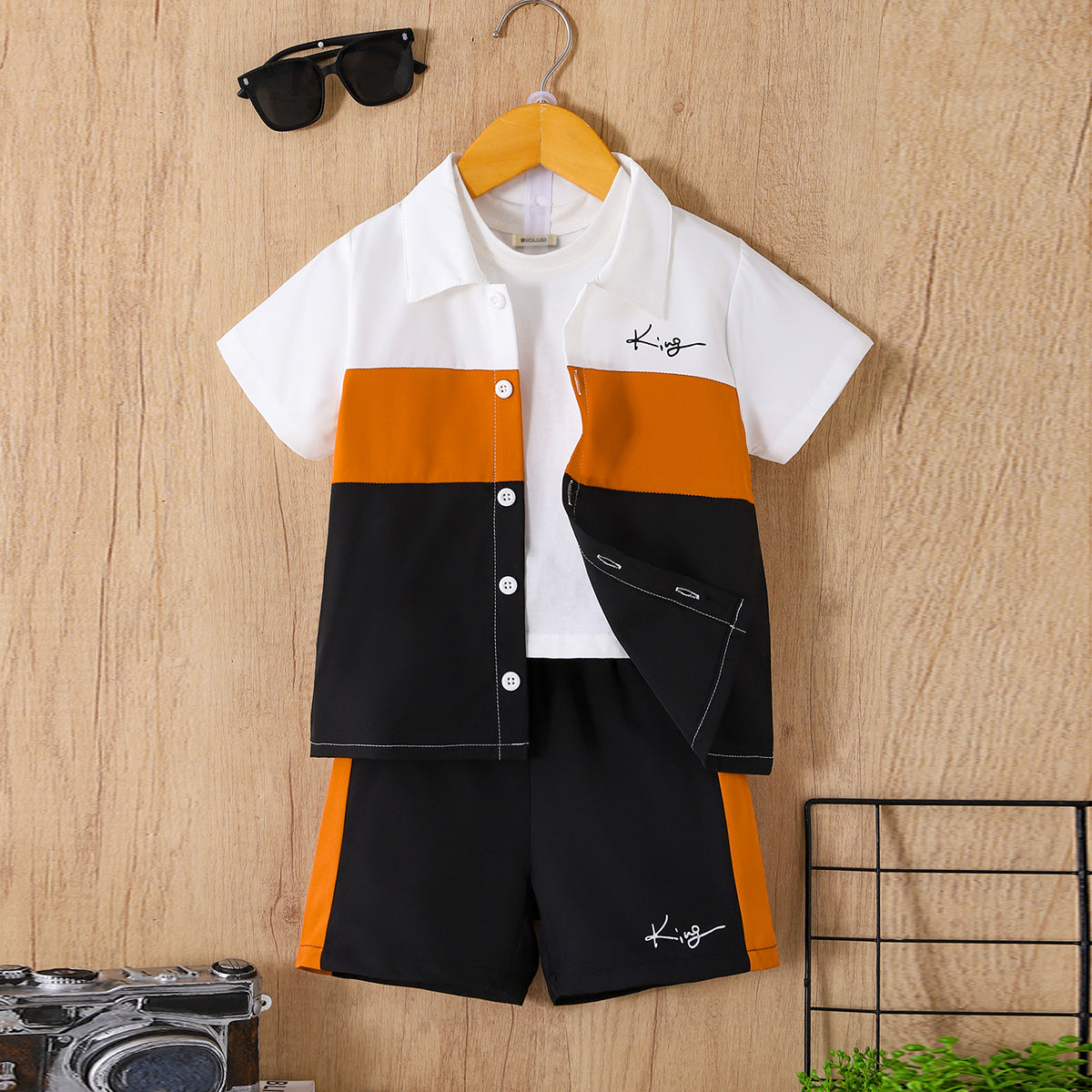 Boys Black Short Sleeve Color-blocked Shirt With Elasticated Shorts Set 2 pc. Sets Black 3-4 Y