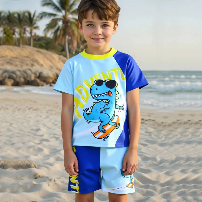 Boys Sky Blue Dinosaur Printed Short Sleeves T-Shirt & Shorts With Cap Swimsuit Sets Sets