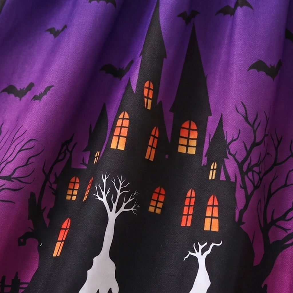 Girls Purple Halloween Pumpkin Print Dress with Hooded Cape Casual Dresses