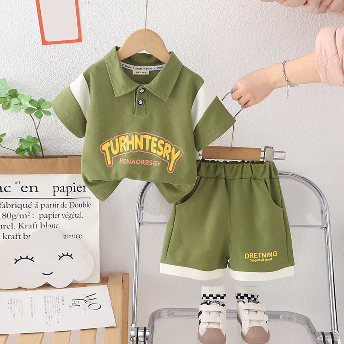 Boys Green Alphabetic Print Short Sleeves Polo T-Shirt With Shorts Set 2 pc. Sets Green 1-2 Y