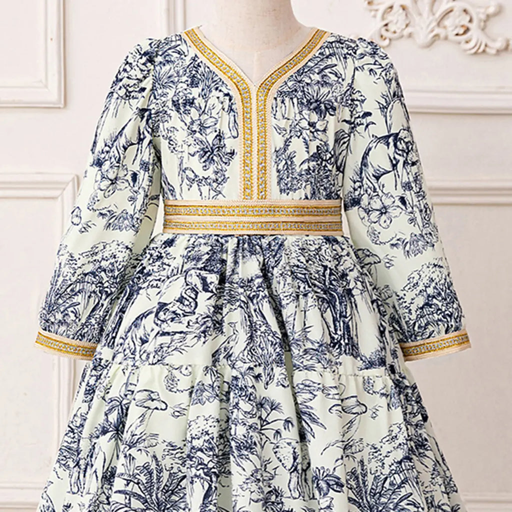 Girls Blue Tropical Printed Fit & Flare Dress With Long Sleeves Casual Dresses