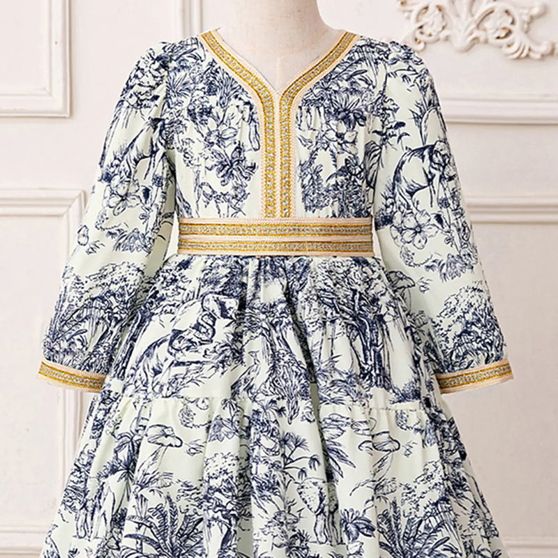 Girls Blue Tropical Printed Fit & Flare Dress With Long Sleeves Casual Dresses