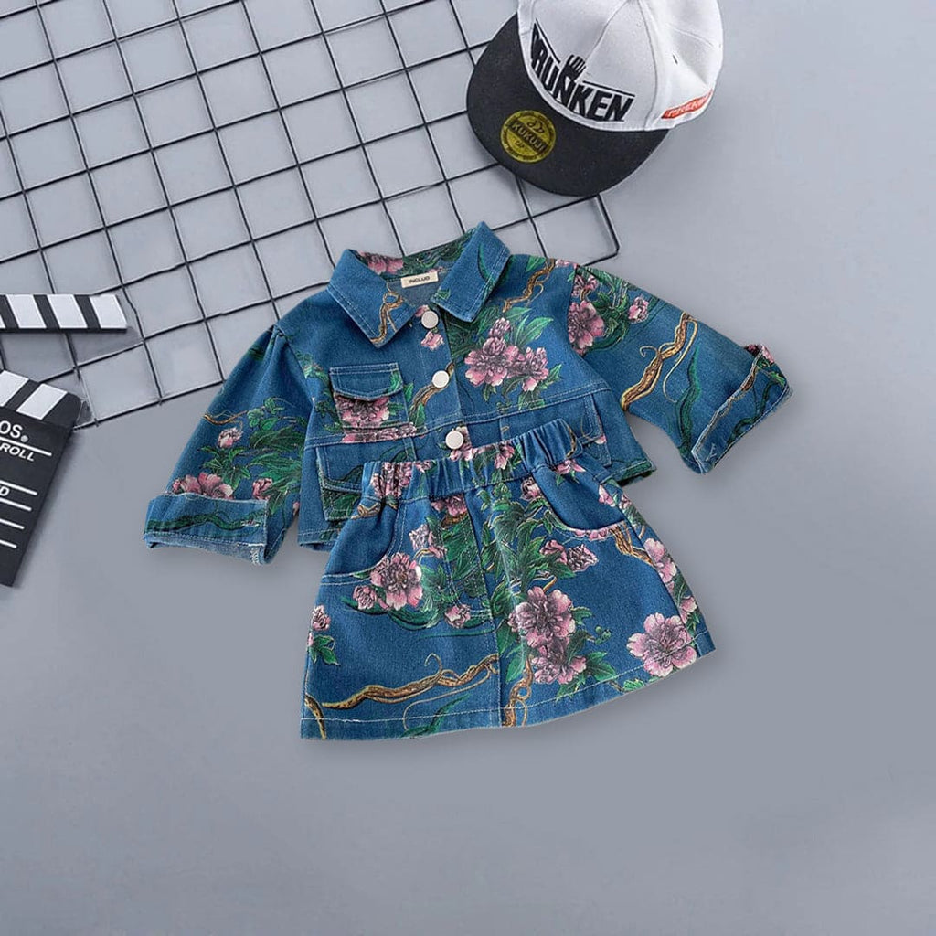 Girls Flower Printed Denim Jacket With Denim Skirt
