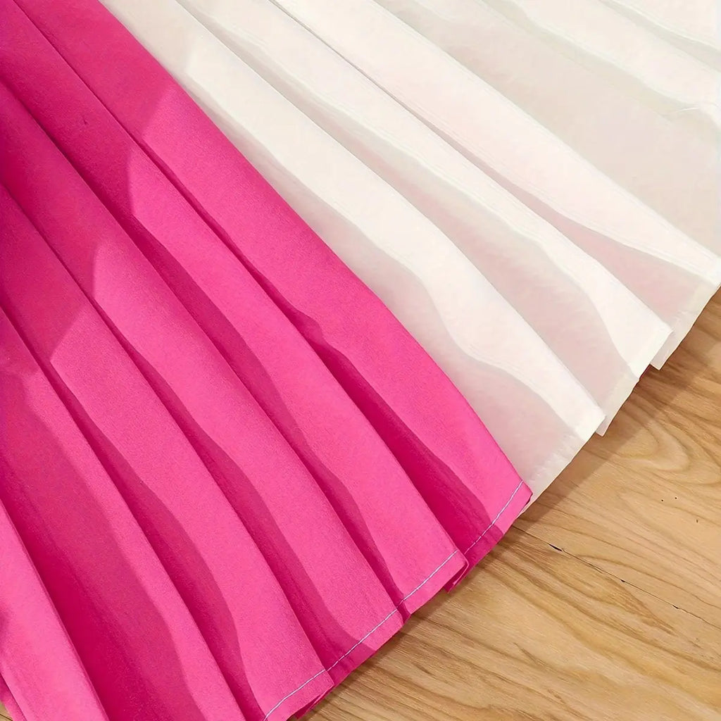Girls Pink Color-blocked Blazer Top With camisole Top And Pleated Skirt Sets Sets