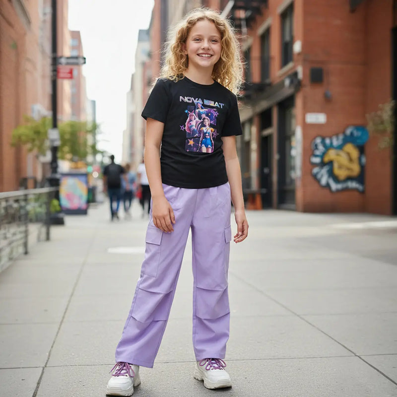 Girls Black Graphic T-Shirt with Elasticated Waist Cargo Pants Set Sets Black 7-8 Y