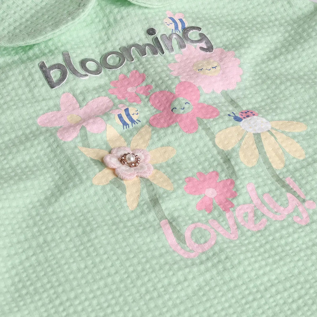 Girls Green Floral Printed T-shirt With Applique Shorts Set 2 pc. Sets