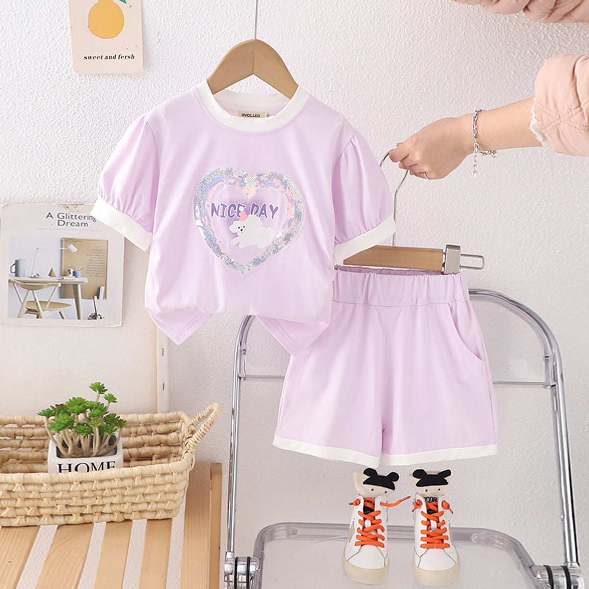 Girls Purple Heart Sequined Puff Sleeves Top With Shorts Set 2 pc. Sets Purple 1-2 Y
