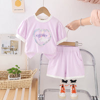 Girls Purple Heart Sequined Puff Sleeves Top With Shorts Set 2 pc. Sets Purple 1-2 Y