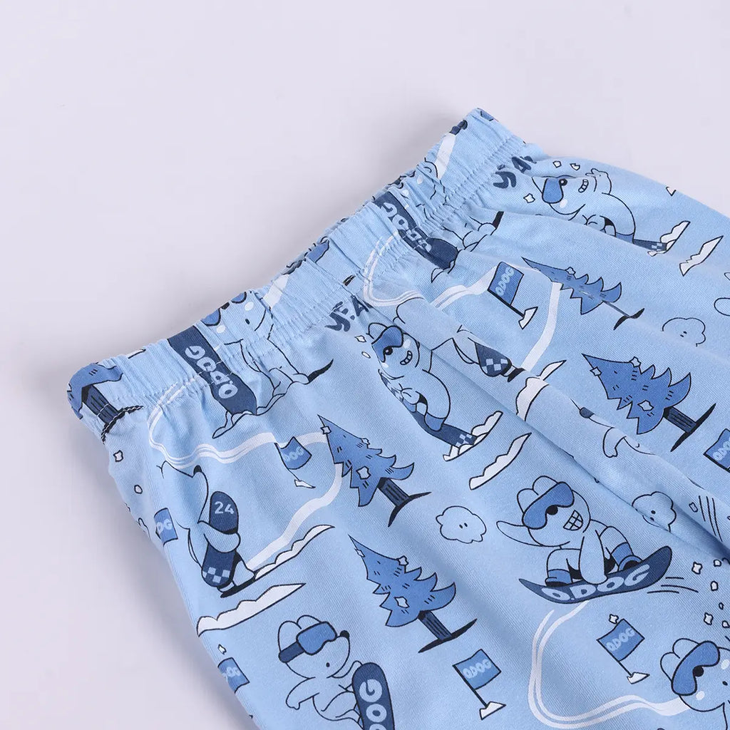 Girls Blue Printed Short Sleeve Shirt With Elasticated Pants Sets Sets
