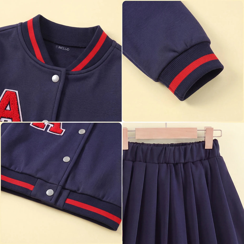 Girls Navy Blue Typography Long Sleeve Jacket With Skirt Sets 2 pc. Sets