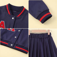 Girls Navy Blue Typography Long Sleeve Jacket With Skirt Sets 2 pc. Sets