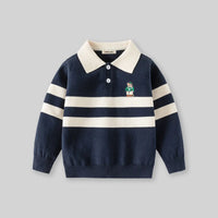 Boys Dark Blue Self-Design Stripe Patterns Polo Sweater Sweaters & Cardigans